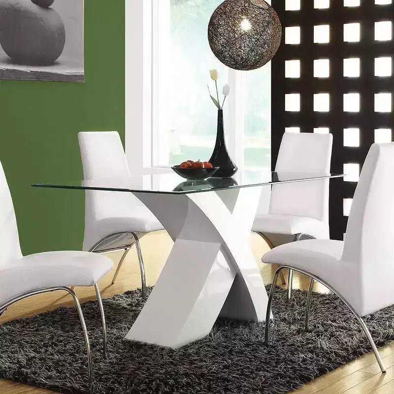 Tavolo da pranzo moderno in vetro bianco/trasparente | 4 posti, base in legno incrociata