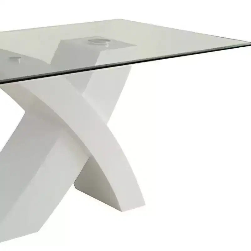 Tavolo da pranzo moderno in vetro bianco/trasparente | 4 posti, base in legno incrociata