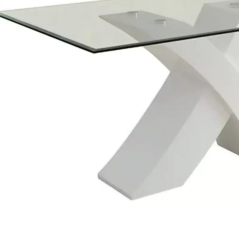 Tavolo da pranzo moderno in vetro bianco/trasparente | 4 posti, base in legno incrociata