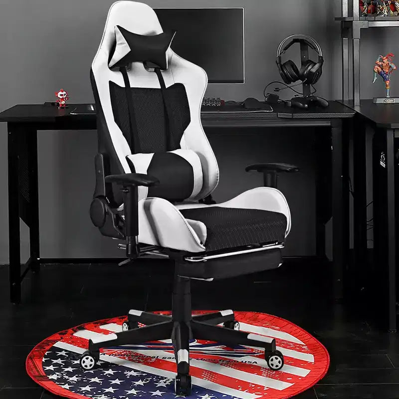 Sedia da gaming massaggiante, sedia da ufficio reclinabile con poggiapiedi, bianca