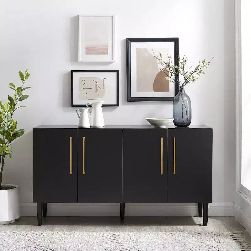 Credenza Mid-Century Modern, 58" di larghezza, 4 ante, ripiani regolabili, ferramenta in ottone spazzolato