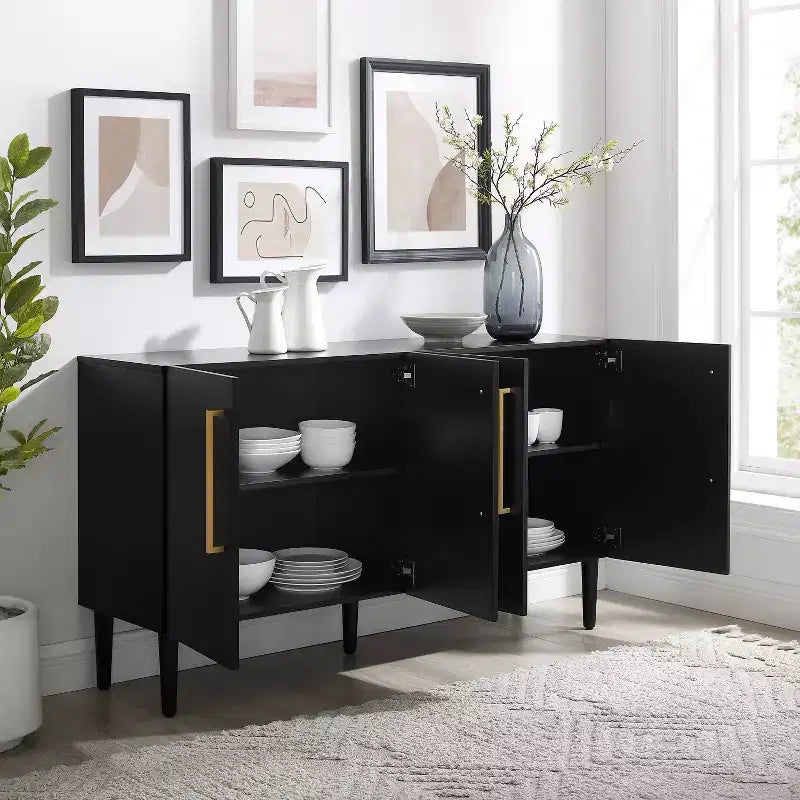 Credenza Mid-Century Modern, 58" di larghezza, 4 ante, ripiani regolabili, ferramenta in ottone spazzolato