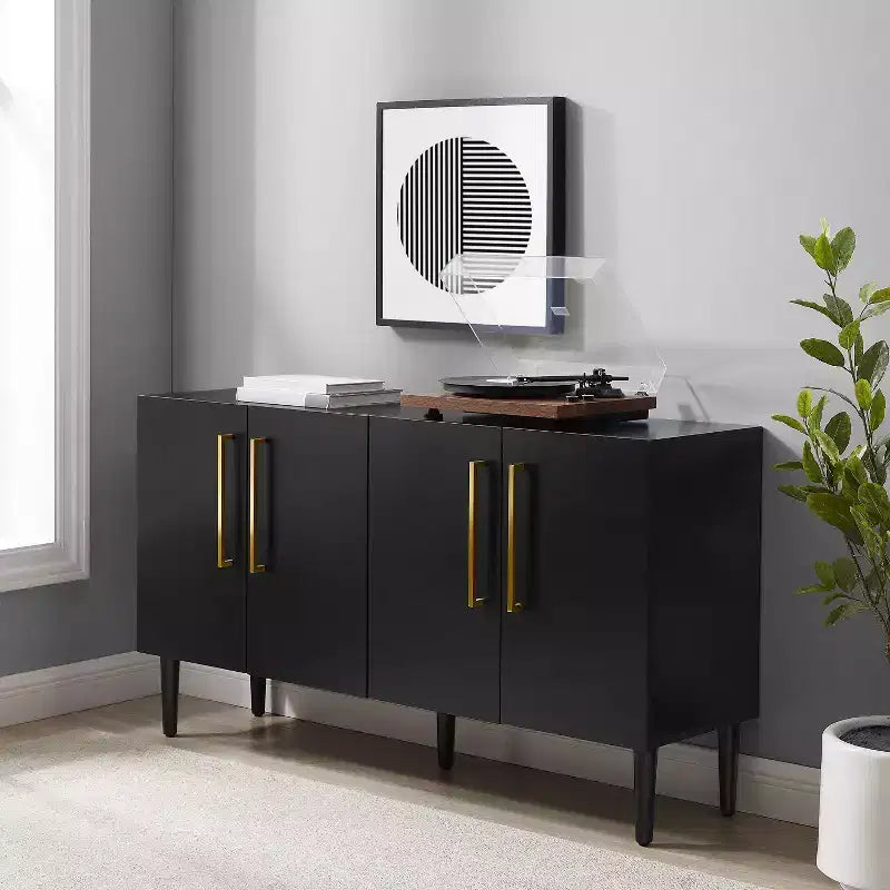 Credenza Mid-Century Modern, 58" di larghezza, 4 ante, ripiani regolabili, ferramenta in ottone spazzolato