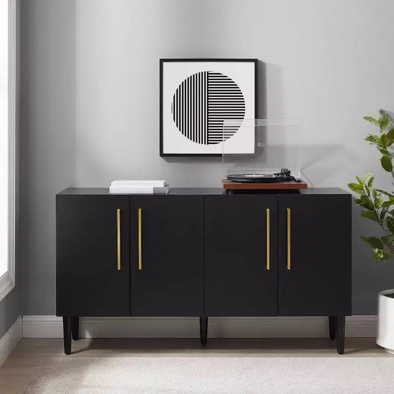 Credenza Mid-Century Modern, 58" di larghezza, 4 ante, ripiani regolabili, ferramenta in ottone spazzolato