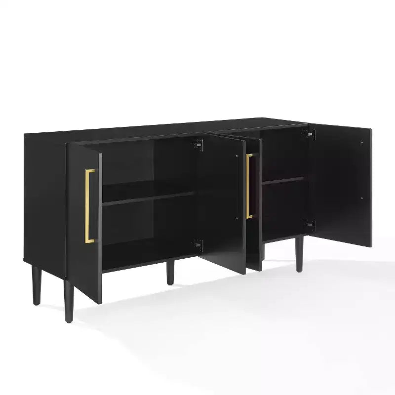 Credenza Mid-Century Modern, 58" di larghezza, 4 ante, ripiani regolabili, ferramenta in ottone spazzolato