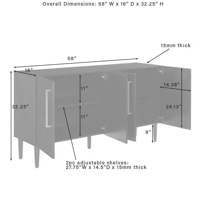 Credenza Mid-Century Modern, 58" di larghezza, 4 ante, ripiani regolabili, ferramenta in ottone spazzolato