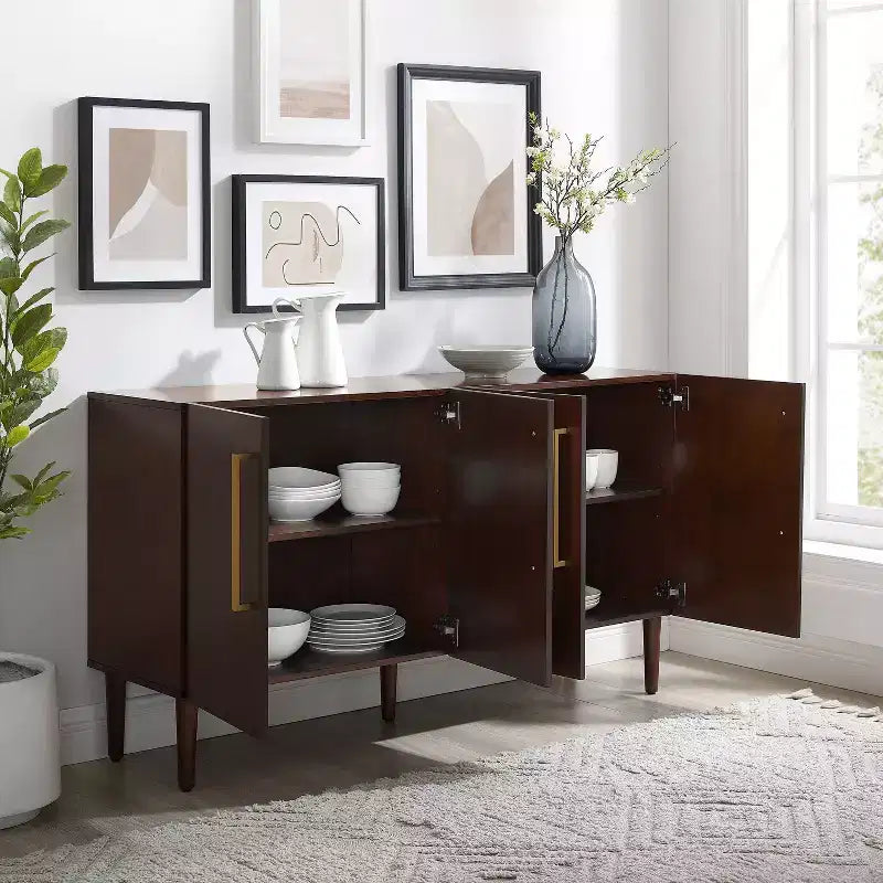 Credenza Mid-Century Modern, 58" di larghezza, 4 ante, ripiani regolabili, ferramenta in ottone spazzolato