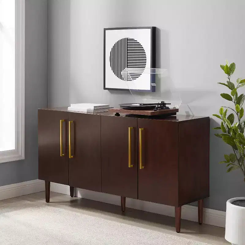 Credenza Mid-Century Modern, 58" di larghezza, 4 ante, ripiani regolabili, ferramenta in ottone spazzolato