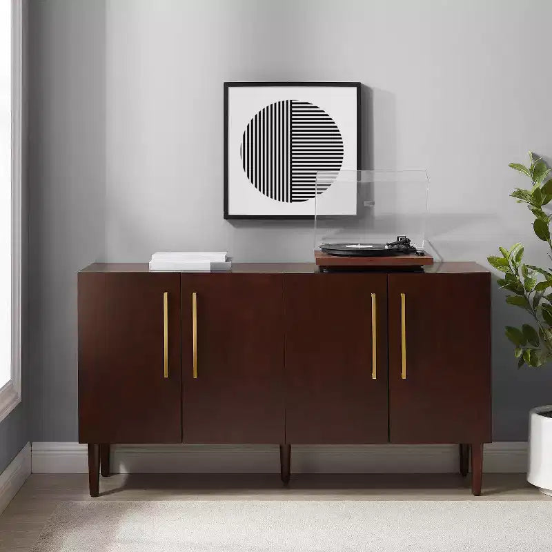Credenza Mid-Century Modern, 58" di larghezza, 4 ante, ripiani regolabili, ferramenta in ottone spazzolato