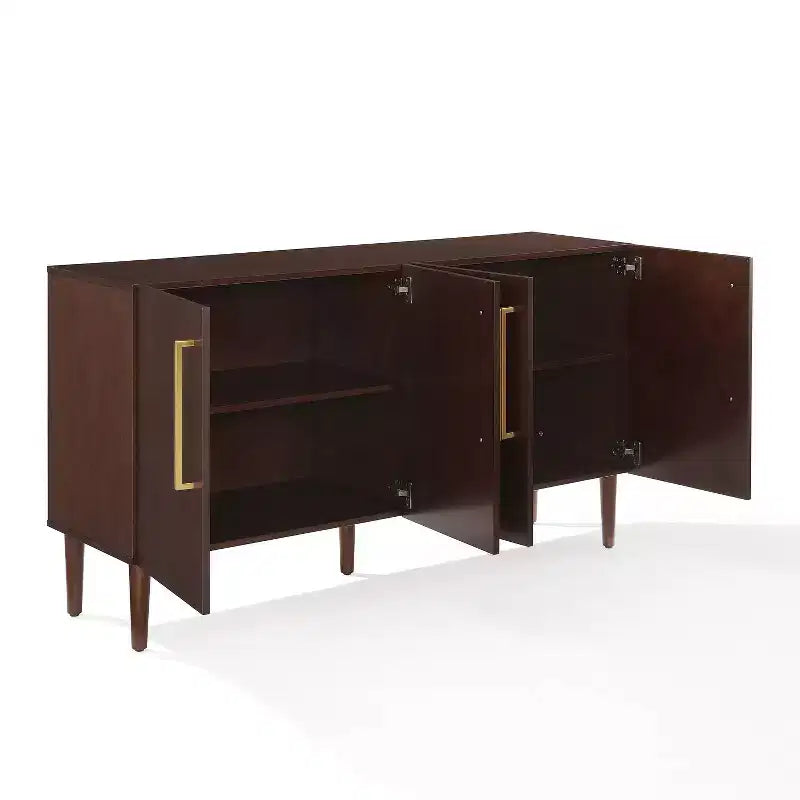 Credenza Mid-Century Modern, 58" di larghezza, 4 ante, ripiani regolabili, ferramenta in ottone spazzolato