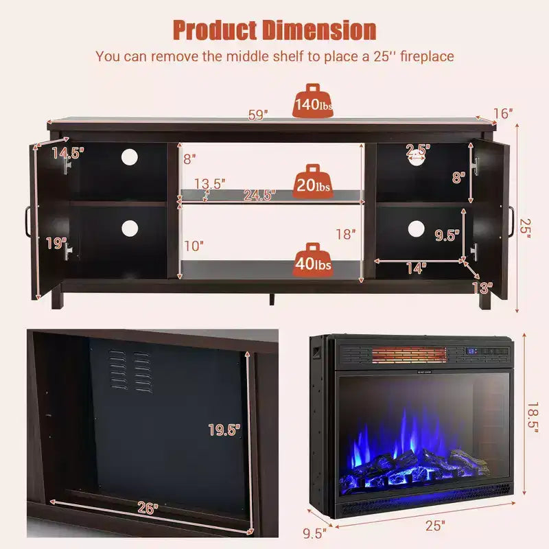 Mobile TV per camino con termocamino elettrico da 25" 1350W e telecomando
