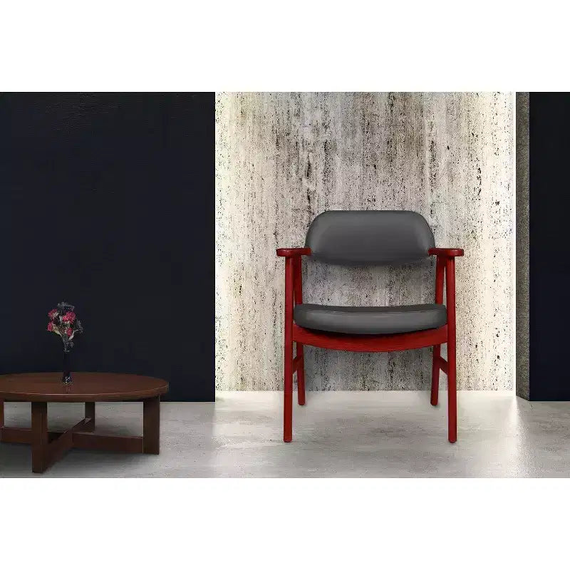 Poltroncina d'accento imbottita per ospiti, design moderno di metà secolo, vinile, struttura in legno di mogano