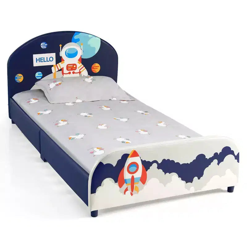 Letto a piattaforma imbottito per bambini, misura doppia | Motivo astronauta, doghe in legno, design sicuro