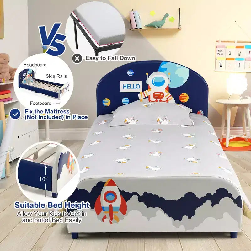 Letto a piattaforma imbottito per bambini, misura doppia | Motivo astronauta, doghe in legno, design sicuro