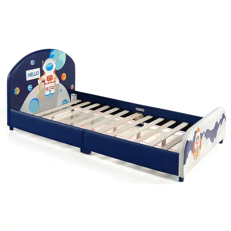 Letto a piattaforma imbottito per bambini, misura doppia | Motivo astronauta, doghe in legno, design sicuro